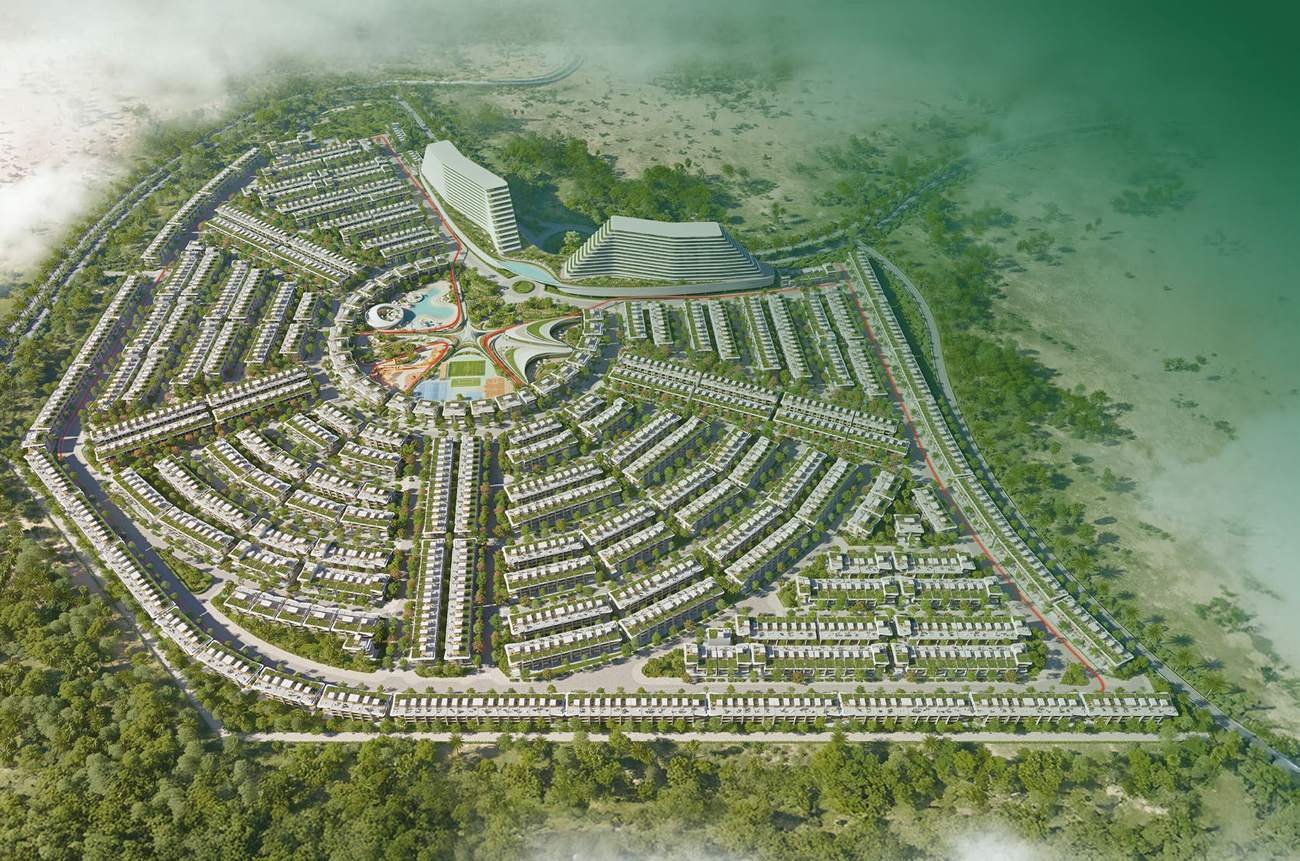 Aerial view of the Greenz master plan with three gates and a central park