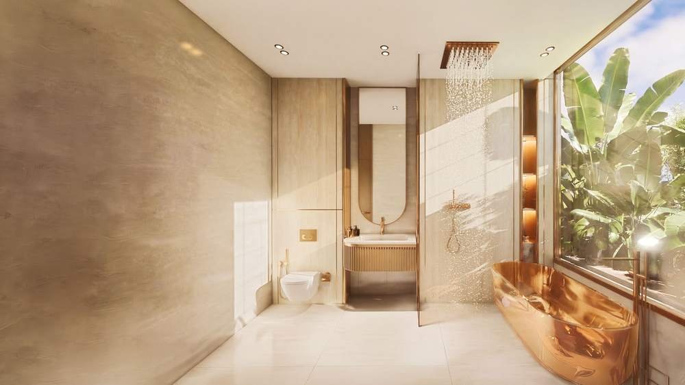 Bathroom with rain shower and tub